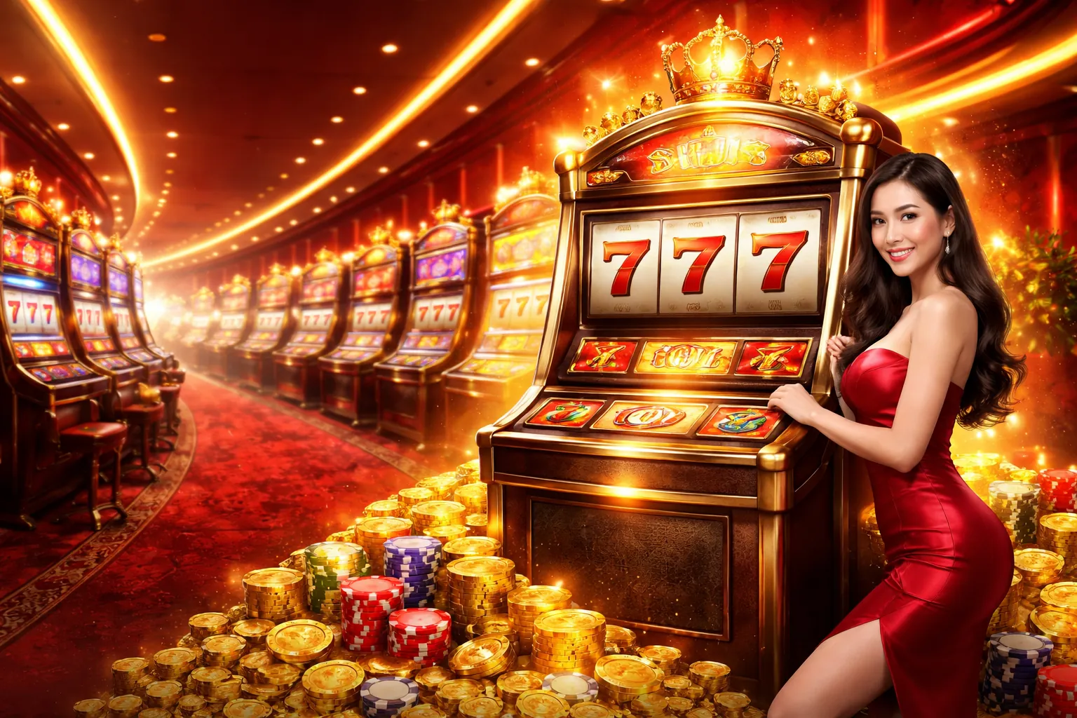 Hình ảnh chính về trò chơi Slot tại 999ok web với các máy đánh bạc và tiền vàng